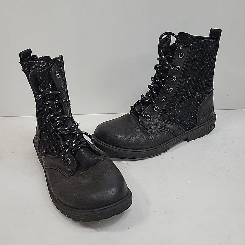 Blowfish Girls Black Glitter Combat Boots Sz 3 Lace-Up Lug Sole‎ Side Zip Cute